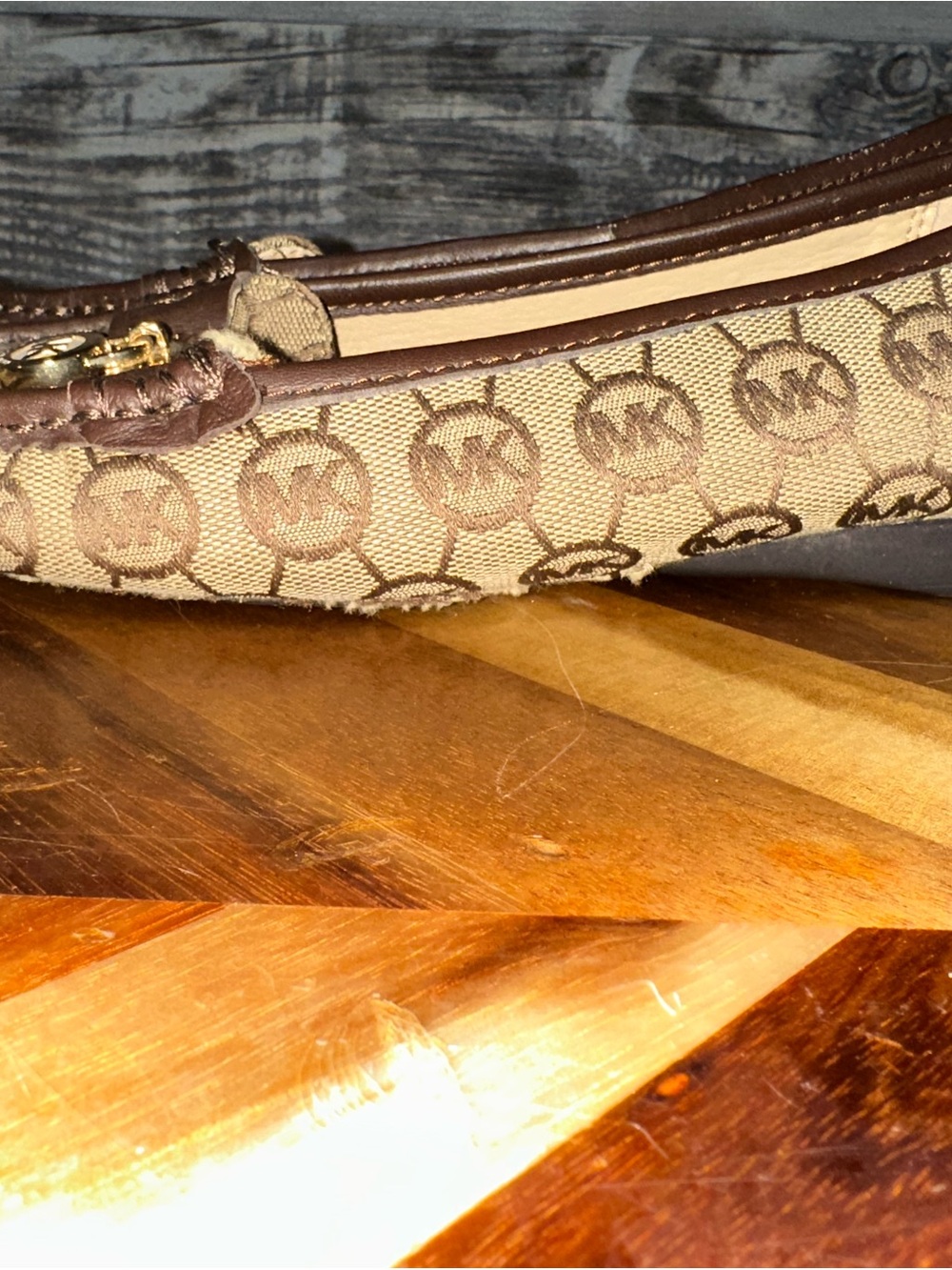 Michael Kors Tan and Brown Logo Ballet Flat with Gold Accent